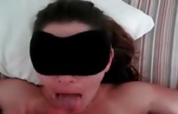 Big tits babe gets cumshot while blindfolded